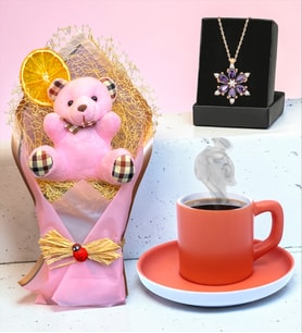 Pembe Ayıcık Buketi, Gerçek Ametist Taşlı Lotus Kolye ve Turuncu Türk Kahvesi Fincanı