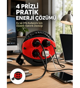 3 Metre Uzatma Kablolu 4 Prizli Makara Kırmızı