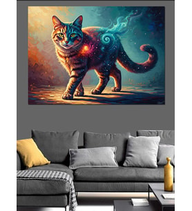 Kozmik Desenli Modern Kedi Figürü Dekoratif Kanvas - Mdf Ahşap Tablo