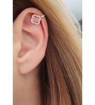 Pembe Kedi Gözü Taşlı 925ayar Gümüş Üzerine Altın Kaplama İtalyan Sıkıştırmalı Earcuff Kıkırdak Küpesi