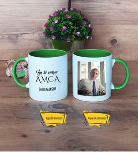 Amcaya Hediye Kupa Bardak Yeşil Fotoğraflı Amcaya Doğum Günü Hediyesi