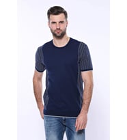 Bisiklet Yaka Kenarları Desenli Lacivert Örme T-shirt  Wessi