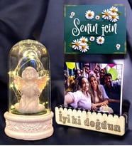 Kişiye Özel Fotoğraflı Led Işıklı Fanus Hediye Seti / Beyaz Melekli Doğum Günü Hediyesi