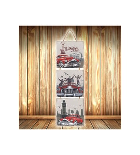 Kırmızı Araba Tasarımlı Üçlü Retro Ahşap Poster Ü566