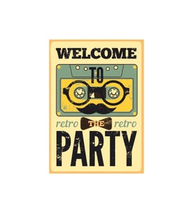 Welcome to the Retro Party Ahşap Tablo – Kaset ve Bıyık Temalı Eğlenceli Vintage Afiş