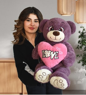 Sevdam Hediyelik 80 cm Love Kalpli Ayıcık (Mor)