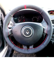 DİKİŞLİ DİREKSİYON KILIFI KARBON DERİ NOKTA DERİ KIRMIZI YÜZÜK KIRMIZI DİKİŞLİ RENAULT CLİO
