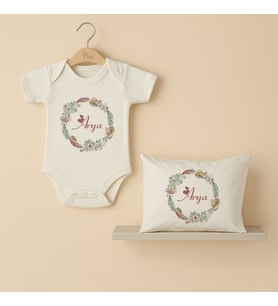 Pia Baby Premium %100 Pamuk İsme Özel Organik Baskılı Çıtçıtlı Bebek Body Ve Yastık Kılıfı 5017-19 (Ekru)