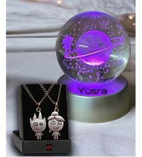 Renk Değiştiren Led Işıklı Cam Satürn Kız Küre Dolunay Lamba Kristal Top Ve Ateş Ve Su Sevgili Kolye