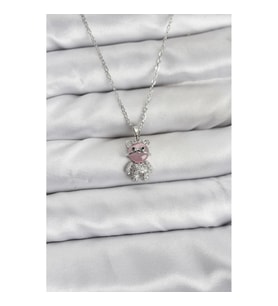 Mey İthalat® 316L Çelik Zincir Gümüş Renk Teddy Bear Model Zirkon Taşlı Kadın Kolye
