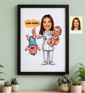 Kişiye Özel Karikatürlü Ebe Siyah Çerçeve Tıp Bayramı Hediyesi
