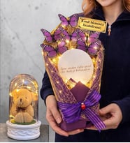 Kişiye Özel Aynalı Tasarım Led Işıklı Mor Kelebek Buketi (Led Işıklı Fanus Hediyeli) (Model 4)