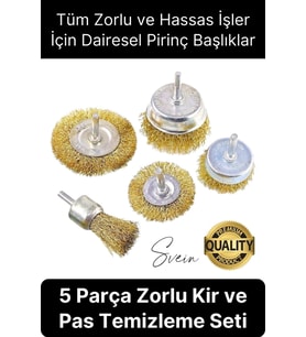 Dayanıklı Çanak Saçaklı Tel Fırça Seti 5 Parça Sarı Telli Dairesel Matkap Uyumlu Pas Kir Temizleyici