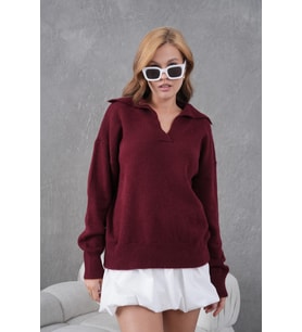 kadın bordo polo yaka oversize yarım pat yumuşak dokulu triko kazak 8585sw