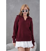 kadın bordo polo yaka oversize yarım pat yumuşak dokulu triko kazak 8585sw