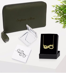 BK Gift Kişiye Özel İsimli Haki Deri Kadın Cüzdan Cep Aynası ve Sonsuzluk Annem Kolye Hediye Seti