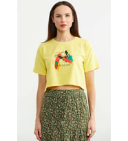 Oversize Baskılı Crop Tişört - Sarı