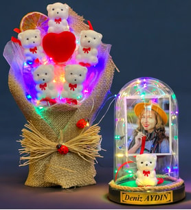 Size Özel Renkli Led Işıklı Fanus ve Renkli Led Işıklı Ayıcık Buketi Hediye Seti (Model 10)