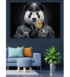 Polis Üniformalı Elinde Lolipop Panda Dekoratif Kanvas - Mdf Ahşap Tablo