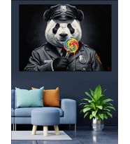 Polis Üniformalı Elinde Lolipop Panda Dekoratif Kanvas - Mdf Ahşap Tablo