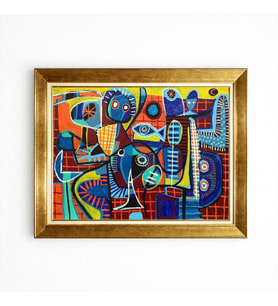 Tablore Afrika Kültürü Soyut Figürler Yağlı Boya Tablosu - Modern Etnik Desenler, Altın Çerçeve