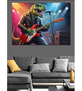 Gitar Çalan Dinozor Rock Yıldızı Dekoratif Kanvas - Mdf Ahşap Tablo