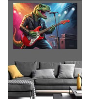Gitar Çalan Dinozor Rock Yıldızı Dekoratif Kanvas - Mdf Ahşap Tablo