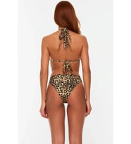 Kadın Leopar Desenli Bikini Takımı Üçgen Kaplı Düşük Bel Brazilian Kesim Örme Raşel Tünelli Balensiz