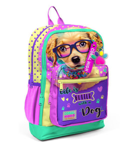 Coral High Dört Bölmeli Sarı Pembe Sevimli Köpek Desenli İlkokul Sırt  - Kız ve Erkek Çocuk