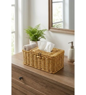 Bölmeli Kapaklı Doğal Rattan Görünümlü Hasır Organizer Sepet, Peçetelik, Makyaj ve Takı Düzenleyici, Plastik, 24x10x10 cm