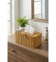 Bölmeli Kapaklı Doğal Rattan Görünümlü Hasır Organizer Sepet, Peçetelik, Makyaj ve Takı Düzenleyici, Plastik, 24x10x10 cm