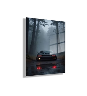 Temperli Cam Tablo Dodge Demon Araba ve Orman Manzarası