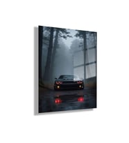 Temperli Cam Tablo Dodge Demon Araba ve Orman Manzarası
