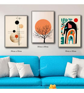 güneş ağaç matematik çizimli filler tablosu 3 adet 35cmx50cm kumaş baskılı canvas tablo