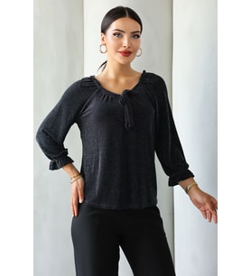 Lupinn Moda Kadın Siyah Simli/Taşlı/Parlak/Işıltılı  Bağlama Detaylı Uzun Kollu Bluz – Zarif Tasarım