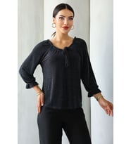 Lupinn Moda Kadın Siyah Simli/Taşlı/Parlak/Işıltılı  Bağlama Detaylı Uzun Kollu Bluz – Zarif Tasarım