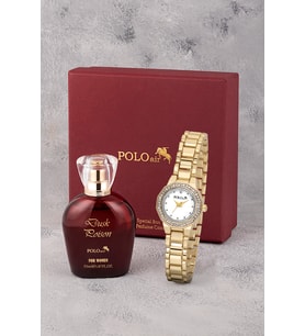 Polo Air Zarif Lüx Taşlı Kadın Kol Saati Ve 55 ml Parfüm Bordo Kutsunda Set Gold Renk ST-2190S1