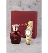 Polo Air Zarif Lüx Taşlı Kadın Kol Saati Ve 55 ml Parfüm Bordo Kutsunda Set Gold Renk ST-2190S1