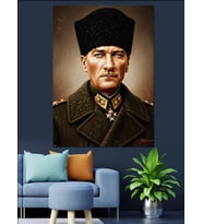 Askeri Kabanlı Mustafa Kemal Atatürk Dekoratif Kanvas - Mdf Ahşap Tablo