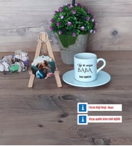 Babaya Hediye Türk Kahvesi Fincanı Ahşap Altlıklı ve Fotoğraflı Ahşap Anahtarlık Hediye (Model 2)