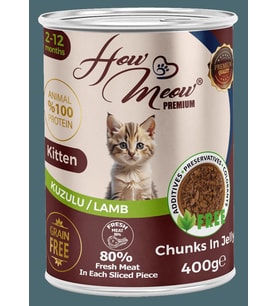 HOW MEOW 12 ADET JÖLELİ PARÇA ETLİ YAVRU KEDİ YAŞ MAMASI KUZULU 400 GRAM