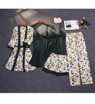 5 Parça Lüks Saten Pijama Gecelik Takımı Çiçek Desenli Sabahlık Robe Kadın İç Giyim Seti W2013