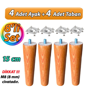 Ahşap Ayak 15 Cm 8'li Set Açık Meşe M8 Civatalı Bağlantı Aparatlı Dolap Mobilya Koltuk Kanepe Destek Ayağı Ayakları