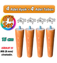 Ahşap Ayak 15 Cm 8'li Set Açık Meşe M8 Civatalı Bağlantı Aparatlı Dolap Mobilya Koltuk Kanepe Destek Ayağı Ayakları