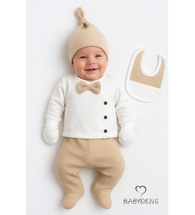 BABYDEN'S Erkek Bebek Hastane Çıkışı 5'li Takım %100Pamuk Ribana Kumaş Papyonlu Zıbın, Şapka,Eldiven,Önlük,Alt (Bej)