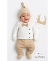 BABYDEN'S Erkek Bebek Hastane Çıkışı 5'li Takım %100Pamuk Ribana Kumaş Papyonlu Zıbın, Şapka,Eldiven,Önlük,Alt (Bej)