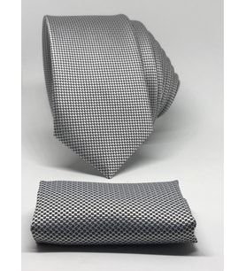 Açık Gri Mendilli Slim Fit Oxford Kuş Gözü Desen Kravat