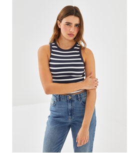 LCW Vision Lacivert Bisiklet Yaka Çizgili Kadın Crop