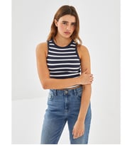 LCW Vision Lacivert Bisiklet Yaka Çizgili Kadın Crop