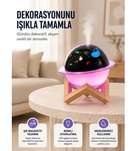 Projektör ışıklı, aromaterapi uyumlu mini masaüstü hava nemlendirici cihaz